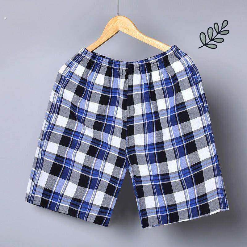 大码男士睡裤夏天短裤纯棉宽松薄款全棉休闲格子沙滩裤家居中裤