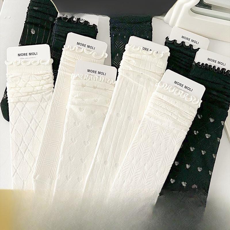 白色木耳边堆堆袜子女中筒夏季薄款纯色夏天玻璃丝网眼学院长筒袜