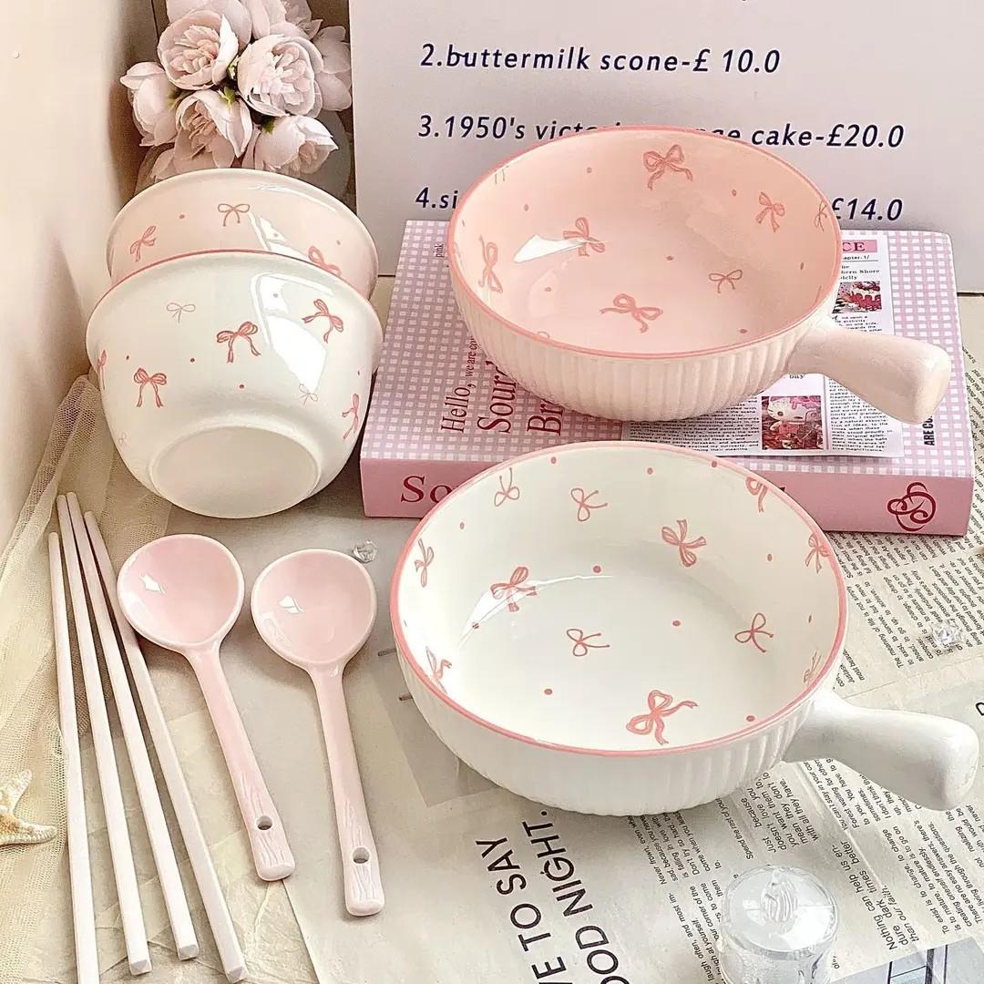 蝴蝶结可爱一人食餐具家用特别好看的碗二人食碗碟套装盘子饭碗