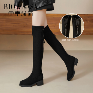 里奥莎莎复古过膝靴女2025秋冬加绒保暖圆头时尚 百搭女弹力瘦瘦靴