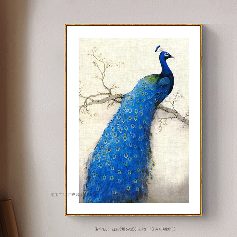 新中式风格玄关装饰画绿孔雀客厅挂画书房卧室床头背景墙壁有框画图片