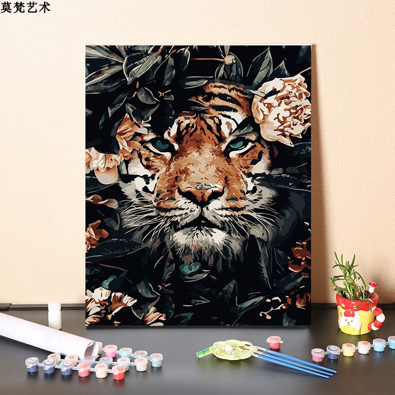 数字油画diy填充手工玫瑰花老虎客厅装饰画涂色手绘丙烯油彩画画