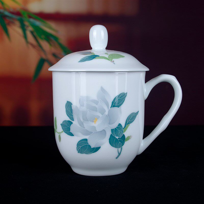 醴陵新世纪陶瓷茶杯大容量600ml会议茶水杯手绘釉下彩瓷杯可刻字