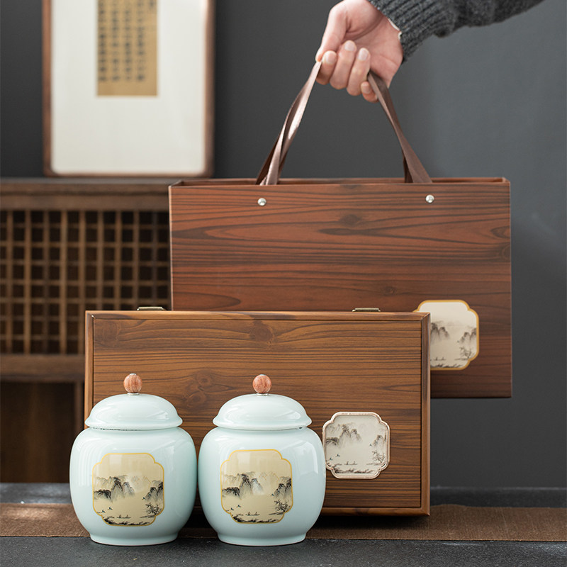 山水陶瓷茶叶罐精品密封罐子高端茶叶包装盒空盒储存罐礼盒装定制