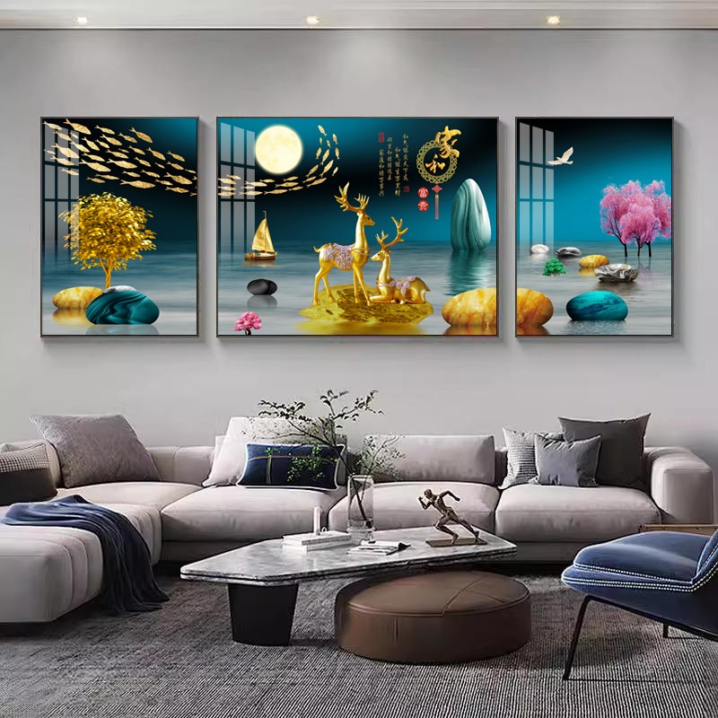 客厅装饰画沙发背景墙挂画现x代简约轻奢时尚大气三联晶瓷家和壁图片