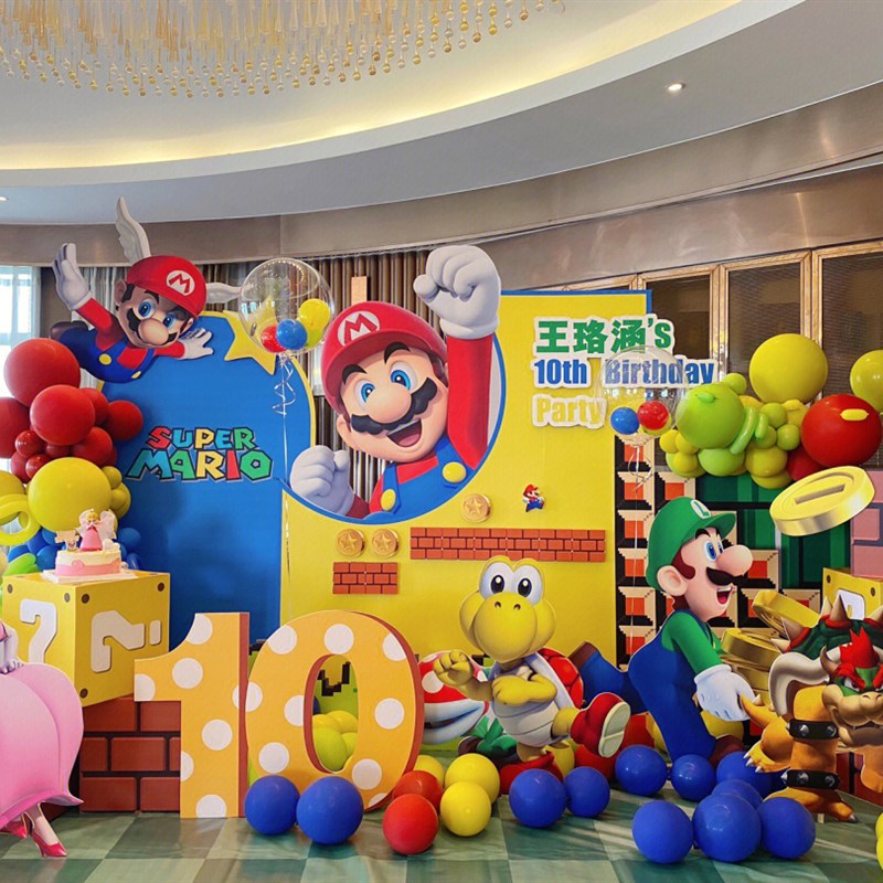 男孩10岁生日生日背景气球拱门马里奥主题派对装饰场景酒店布置