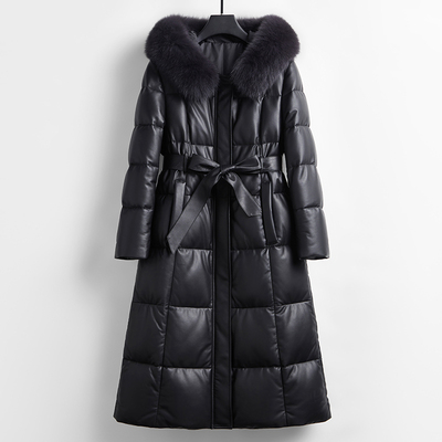 歌珞伊8907真皮皮衣女绵羊皮过膝长款90白鹅绒羽绒服狐狸毛领外套
