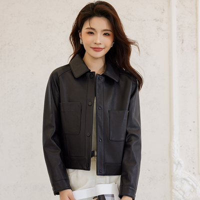 歌珞伊2025新款黑色短款皮衣