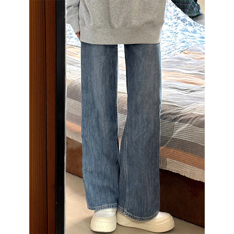 复古蓝直筒牛仔裤女春季新款胖妹妹mm高腰宽松显瘦梨型身材阔腿裤