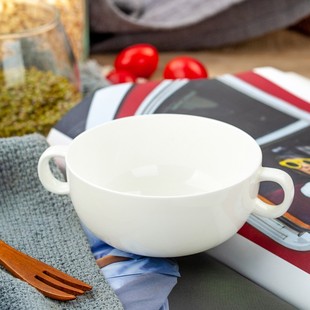 骨瓷碗杯陶瓷酒店西餐具蒸蛋粥燕麦早餐甜品碗带把儿童碗双耳汤碗