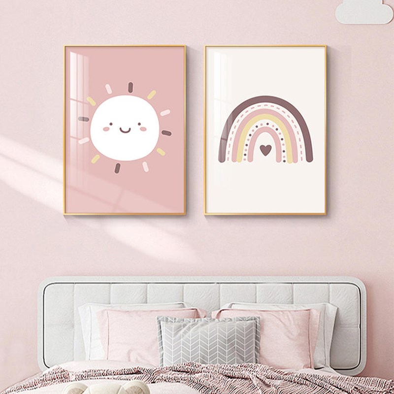 儿童房装饰女孩儿卧室床头背景墙壁挂画卡通彩虹公主房间粉色布置