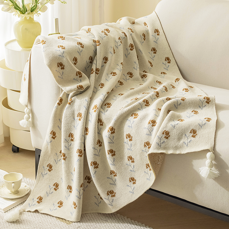 现代简约风春秋花卉毛毯客厅沙发午睡空调毯针织盖毯卧室床上装饰