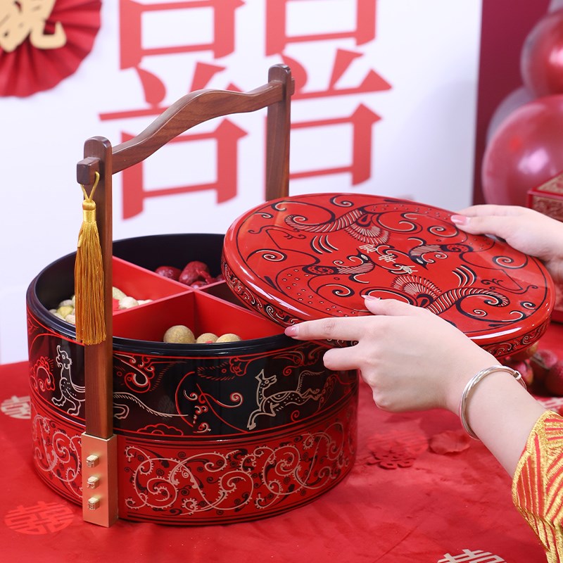 中国风手绘汉纹木质点心盒马王堆漆器提盒复古食盒干果盘结婚陪嫁