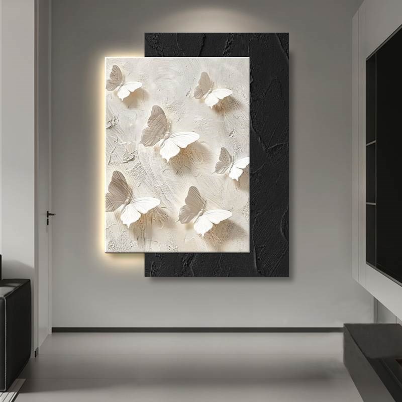 黑白灰客厅沙发背景墙装饰画蝴蝶玄关叠加挂画立体砂岩画高级感图片