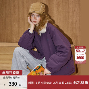 coolhut美式复古保暖毛领拉链设计感冬季新款女式棉服紫色外套