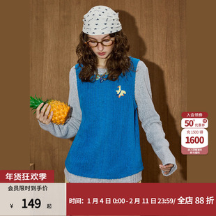 coolhut复古修身显瘦蓝色刺绣拼接针织马甲长袖秋冬新款女打底衫