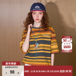 女式 夏日纯棉夏季 T恤设计感街头圆领 复古条纹短袖 coolhut美式