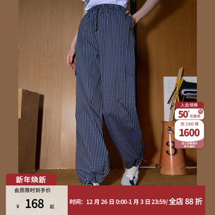 宽松显瘦松紧腰百搭长裤 女式 直筒新款 coolhut格子抽绳束脚休闲裤