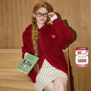 coolhut红色毛绒加厚短款连帽外套2026年春季新款新年战袍上衣女