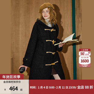 coolhut黑色高级感山羊绒连帽格纹拼接中长款冬季保暖新款女大衣