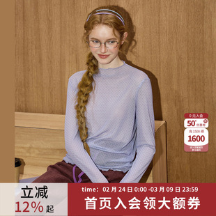 coolhut浅紫色半高领网纱波点打底衫女2026春季新款薄纱长袖T恤