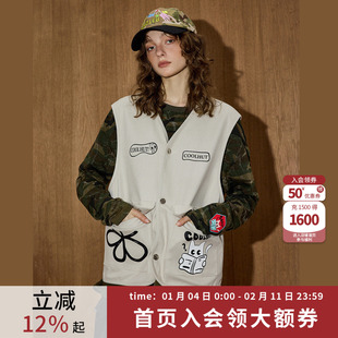 coolhut卡通印花v领春秋新款女式时尚美式复古宽松百搭休闲马甲