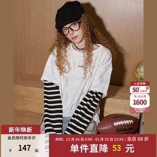 T恤卫衣 长袖 coolhut春秋新款 假两件上衣圆领撞色拼接条纹女款