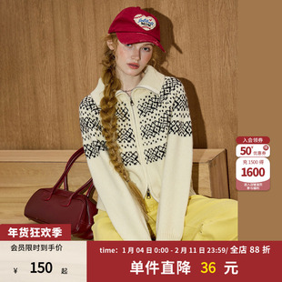 coolhut费尔岛提花外穿翻领双拉链冬季新款女士短款针织毛衣外套