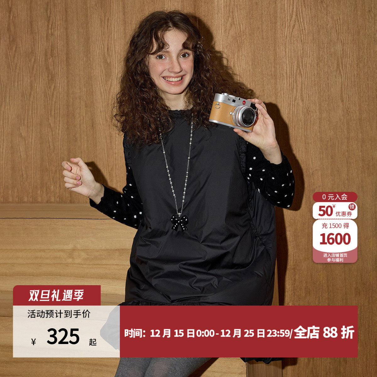 法式黑色无袖夹棉冬季花苞连衣裙