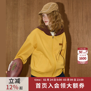 coolhut黄色美式复古拼接宽松连帽开衫卫衣2026春季季新款外套女