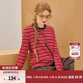 coolhut26春季 T恤女红色基础百搭打底衫 新款 女复古条纹风圆领长袖