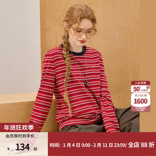 coolhut26春季新款女复古条纹风圆领长袖T恤女红色基础百搭打底衫