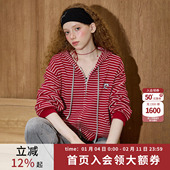 针织开衫 coolhut2026春季 复古条纹连帽双拉链慵懒风宽松女式