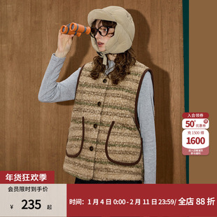 coolhut复古撞色条纹设计仿羊羔毛宽松纽扣冬季新款女式马夹马甲