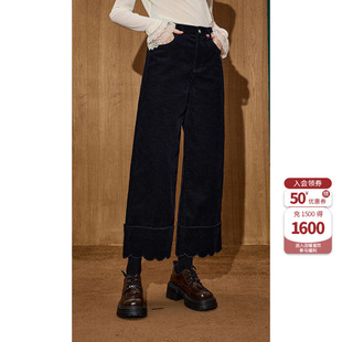 coolhut藏青复古高腰小个子灯芯绒波浪设计感阔腿裤女直筒休闲裤