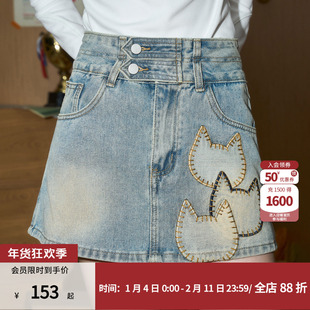 coolhut定制猫头贴布裙裤设计防走光A版版型2026春季做旧牛仔裙