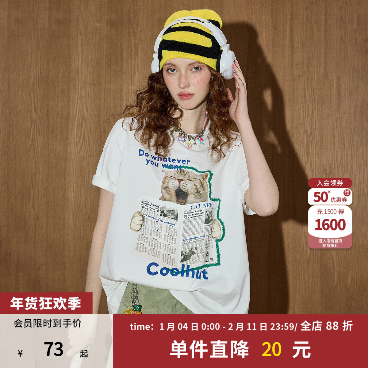 coolhut简约风报纸猫咪图案宽松短袖2025夏季女式T恤字母百搭小众,女装/女士精品,T恤,淘宝优惠券,粉丝福利购,淘宝优惠卷