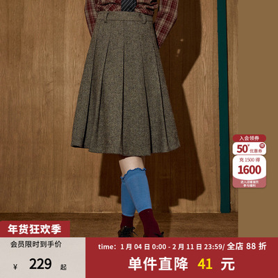 高腰中长款百褶加厚半截裙女