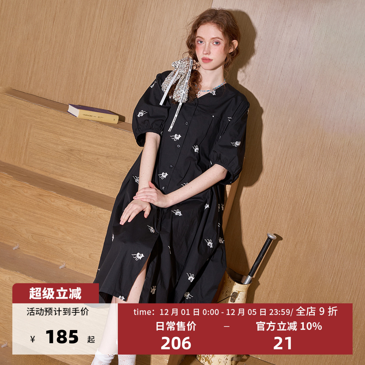 coolhut法式设计感印花小众V领宽松泡泡袖纯棉气质2025夏季连衣裙