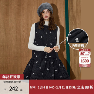 coolhut黑色刺绣蝴蝶结中长款连衣裙夹棉A字设计感2026春季新款女