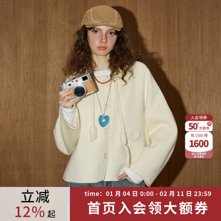 coolhut【100%绵羊毛】蝴蝶结圆领短款双面呢甜美2025冬季女大衣