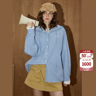 高级感复古宽松百搭蓝格子coolhut2025秋季女式简约美式连帽外套