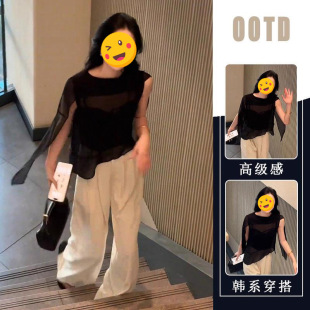 韩版 气质感飘带无袖 单件 时尚 女 衬衫 上衣搭配高腰显瘦阔腿裤