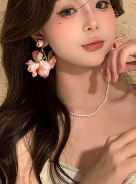 旷野玫瑰~粉色甜美花朵度假风耳环女夸张独特耳钉适合夏天的耳饰