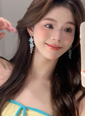 薄荷曼波绿花朵流苏耳环女适合夏天的耳钉度假风耳坠绝美独特耳饰