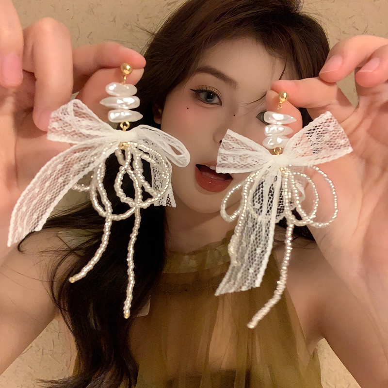 爱不释手~原创设计法式温柔风耳环女蕾丝蝴蝶结珍珠流苏耳钉耳饰