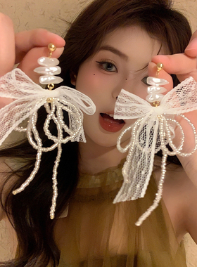 爱不释手~原创设计法式温柔风耳环女蕾丝蝴蝶结珍珠流苏耳钉耳饰