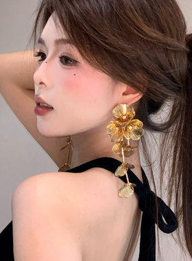 复古新中式金色流苏花朵耳环个性夸张高级感长款无耳洞耳夹耳钉女