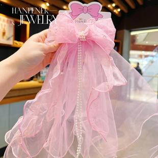 超仙白色头纱儿童发夹女2024新款蕾丝蝴蝶结女童头饰公主发饰发卡