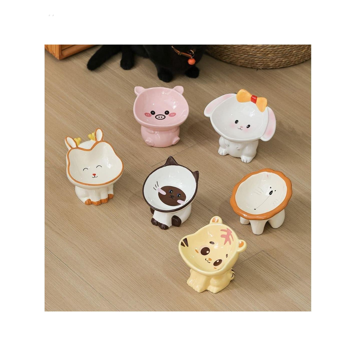 猫碗可爱动物系列陶瓷宠物喝水碗高脚护颈猫碗防黑下巴猫粮碗狗碗